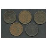 5- Mixed 1840's Braided Hair Large Cents