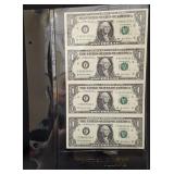 Uncut Sheet of 4- 2003A $1 Fed Reserve Notes