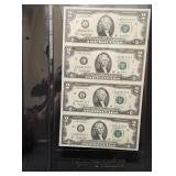 Uncut Sheet of 4- 2003A $2 Fed Reserve Notes