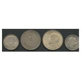 (2.49 ozt TW) 4- Mixed Foreign Coins .900 Silver
