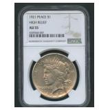 1921 Peace Silver Dollar High Relief NGC AU 55