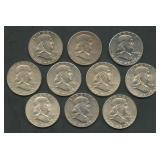 10- Mixed Franklin Half Dollars 1957-1963