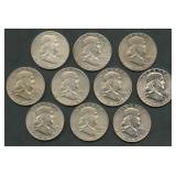 10- Mixed Franklin Half Dollars 1955-1963