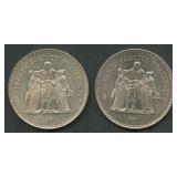 (1.92 ozt TW) 2- France 50 Francs .900 Silver