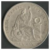 (0.80 ozt TW) Peru 1865 1 Sol Coin .900 Silver