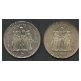 (1.92 ozt TW) 2- France 50 Francs .900 Silver
