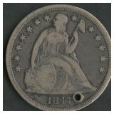 1847 Seated Liberty Silver Dollar Holed