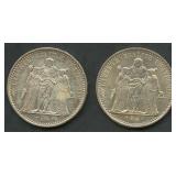 (1.60 ozt TW) 2- France 10 Francs .900 Silver