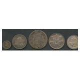(2.41 ozt TW) 5- Mixed Foreign Coins .835 Silver