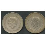 (1.78 ozt TW) 2- Mixed Mexico 5 Pesos .720 Silver