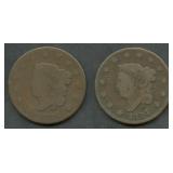 2- 1824 Coronet Head Large Cents