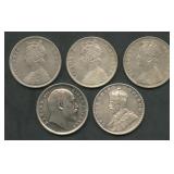 (1.86 ozt TW) 5- Mixed India 1 Rupee .917 Silver