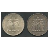 (1.92 ozt TW) 2- France 50 Francs .900 Silver