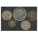 (2.16 ozt TW) 5- Mixed Foreign Coins .925 Silver
