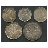 (2.44 ozt TW) 5- Mixed Foreign Coins .900 Silver