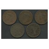 5- Mixed 1839 Large Cents
