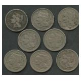 8- Mixed Three Cent Nickels 1865-1868
