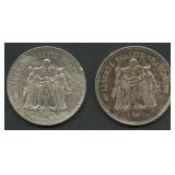 (1.93 ozt TW) 2- 1978 France 50 Francs .900 Silver