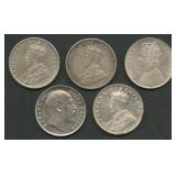 (1.87 ozt TW) 5- Mixed India 1 Rupees .917 Silver