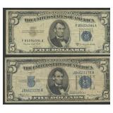 1934A and 1953B $5 Silver Certificates Blue Seal