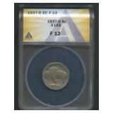 1937-D '3 Leg' Buffalo Nickel ANACS F 12