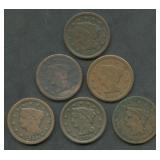 6- Mixed 1843 and 1844 Braided Hair Large Cents