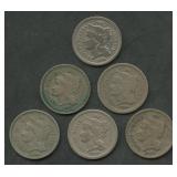 6- Mixed Three Cent Nickels