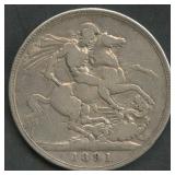 1891 United K Victoria One Crown .925 Silver