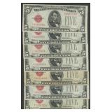 7- Mixed 1928 $5 Legal Tender Notes Red Seals