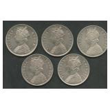 (1.86 ozt TW) 5-Mixed  India 1 Rupees .917 Silver