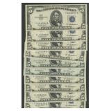 10- Mixed 1953 $5 Silver Certificates Blue Seals