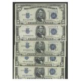 5- Mixed 1934 $5 Silver Certifcates Blue Seals