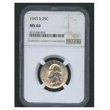 1943-S Silver Washington Quarter NGC MS 64