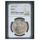 1891-S Morgan Silver Dollar NGC MS 63