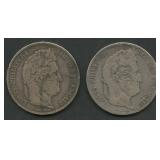 2- France 5 Francs .900 Silver Coins 1.57 ozt TW