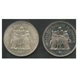 2- France 1974 50 F .900 Silver Coins 1.92 ozt TW