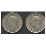 (0.72 ozt TW) 2- Mixed UK 2 Shillings .500 Silver