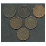 6- Mixed 1850's Braided Hair Large Cents