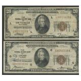2- 1929 $20 Federal Res Bank Notes Brown Seal