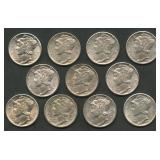 11- Mixed Mercury Head Dimes AU/BU