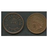 2- Mixed Civil War Tokens:  Patriotic & Store Card