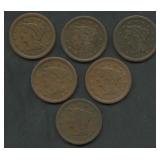 6- Mixed 1850's Braided Hair Large Cents