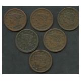 6- Mixed 1850's Braided Hair Large Cents