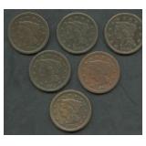 6- Mixed 1840's Braided Hair Large Cents