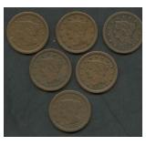 6- Mixed 1850's Braided Hair Large Cents