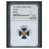 1871 Round Liberty 25 Cent BG-809 NGC MS62 Gold