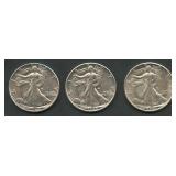 3- Mixed Walking Liberty Half Dollars AU/BU
