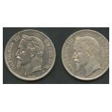 (1.59 ozt TW) 2- France Napoleon 5 Fr. .900 Silver