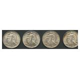4- Mixed Walking Liberty Half Dollars AU/BU