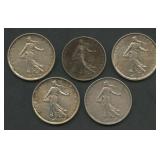 (1.86 ozt TW) 5- Mixed France Coins .835 Silver